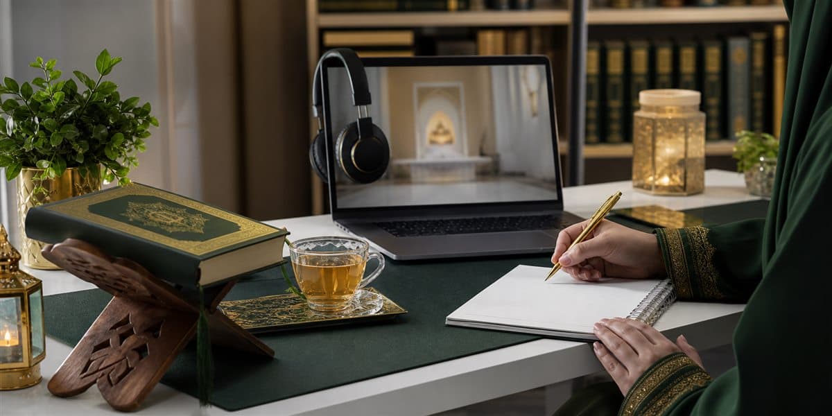 Adult Quran learner taking notes during a private online Quran class