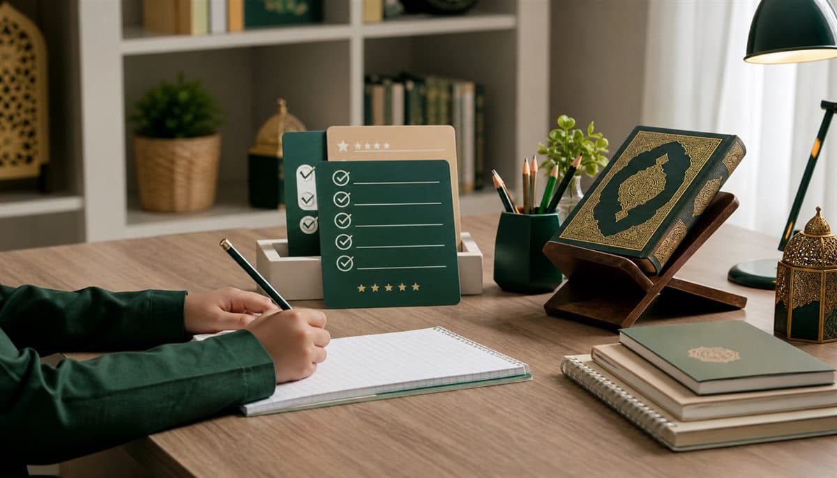 Child writing in a notebook beside Quran memorization revision cards and Quran stand