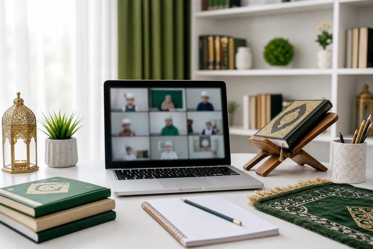 Online Quran learning desk setup for children with laptop, Quran stand, and study notebook
