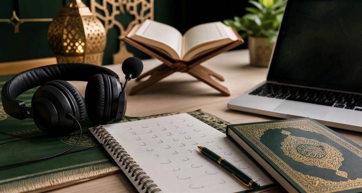 Quran recitation practice workspace with headset, notebook, laptop, and Quran stand